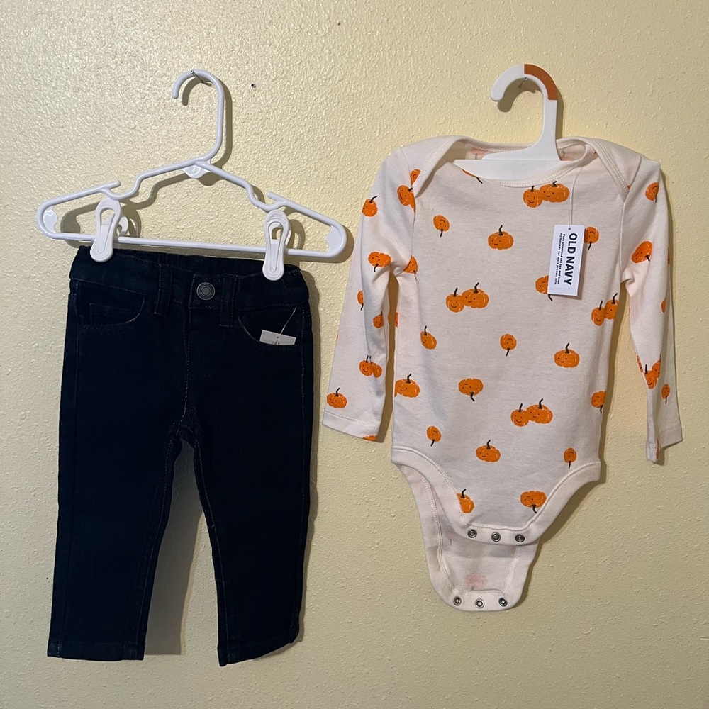 New. Old Navy Orange Pumpkin Bodysuit and Black Pants Set